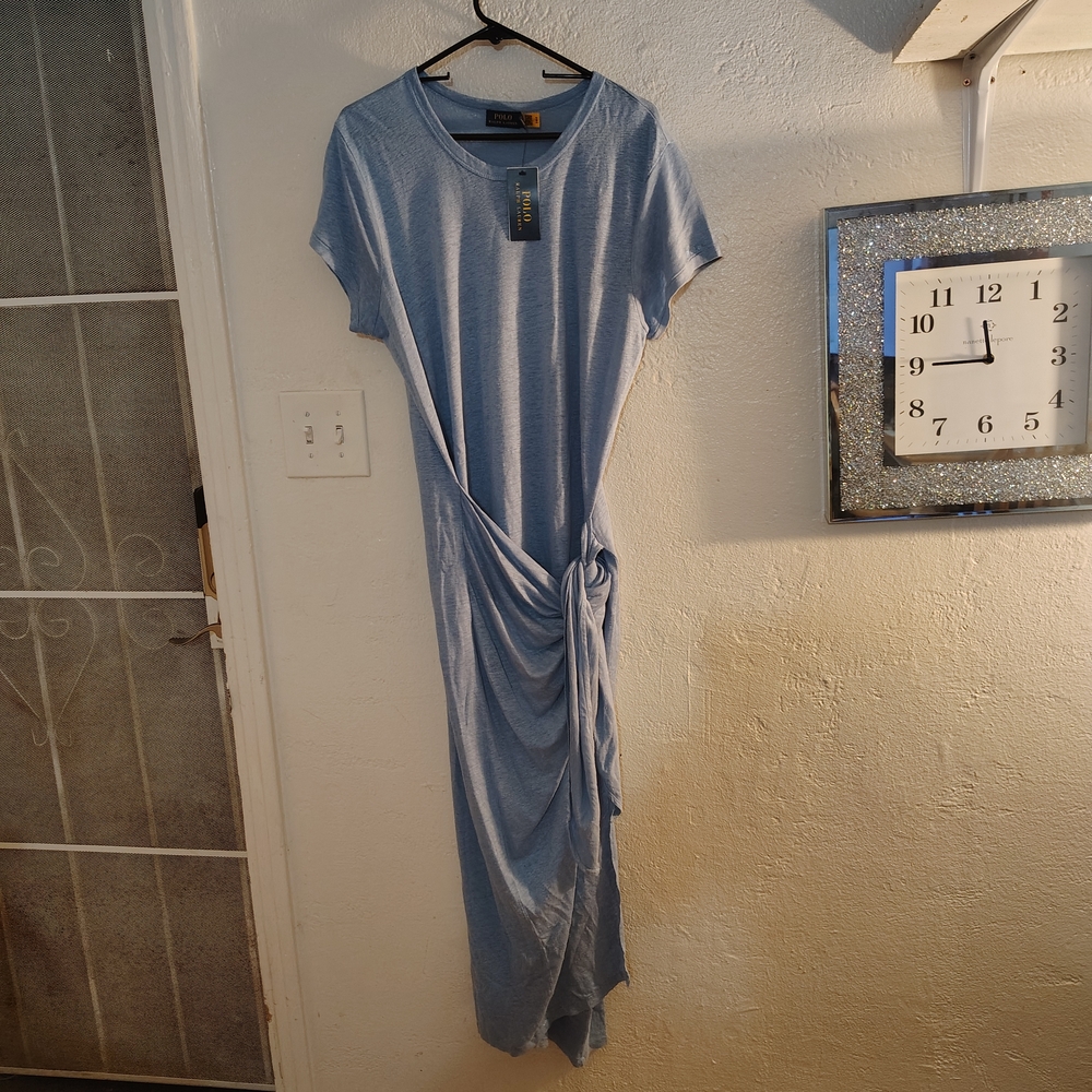 Polo by Ralph Lauren Blue Ruched Tie Front Maxi Dress